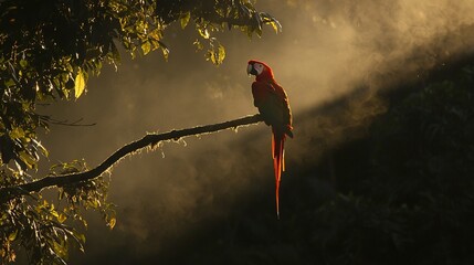 Wall Mural -   A red parrot sat atop a tree in a foggy forest surrounded by numerous trees