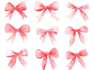 Wall Mural - A watercolor collection of isolated red bows on a white background, featuring hand-drawn sketch illustrations