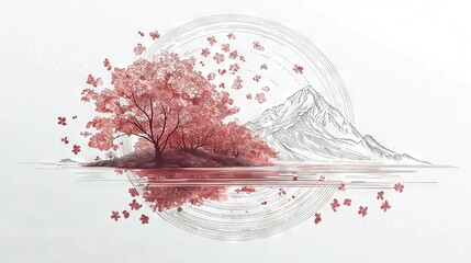 Poster - a tree surrounded by water with mountains and a sky in the background painted