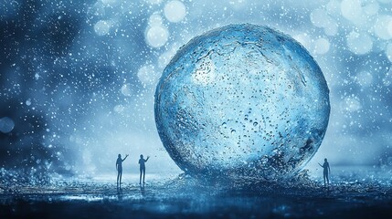 Wall Mural - a group of people stand before a vast water ball amidst a tempestuous, blue sky