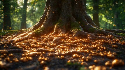 Canvas Print - Golden mushrooms at tree base, sunlit forest. Nature background, fantasy, game