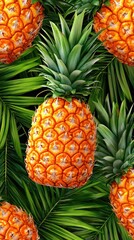 Wall Mural - Ripe pineapples, palm leaves, tropical background, summer food