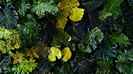 Poster - Lush tropical foliage wall, vibrant green leaves, dark background, nature backdrop