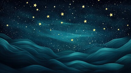Wall Mural - a night sky painting featuring stars in the background and waves in the foreground, with the moon po