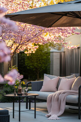 Wall Mural - Cozy wooden terrace with rustic wooden furniture, soft pillows and blankets. Charming sunny evening in spring garden with blossoming trees.