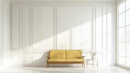 Wall Mural - Elegant white room with yellow sofa, sunlit. Interior design