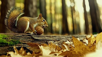 Wall Mural -   A squirrel perched on a log amidst a forest's dense foliage, surrounded by towering trees