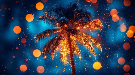 Poster - Illuminated palm tree at night, bokeh background, tropical vacation