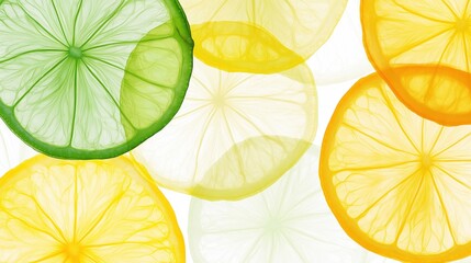 Citrus slices layering in bright yellow, green, and orange hues, artfully arranged on pristine white surface, forming vivid geometric composition