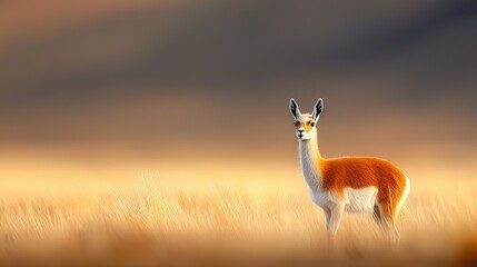 Wall Mural -   A deer stands amidst tall grass, with a blurry sky in the backdrop