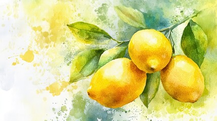 Watercolor Illustration of Fresh Lemon Branches with Hand-Drawn Citrus Botanical Elements