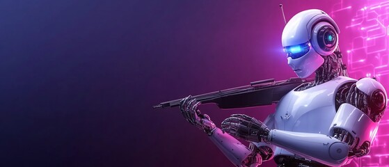 Robot plays violin; digital background; AI art