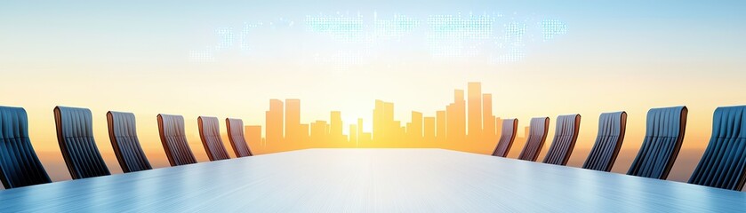 Wall Mural - Modern conference room with a panoramic city skyline view at sunset for corporate meetings and business presentations