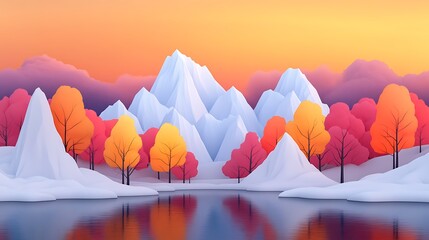 Canvas Print - Colorful Paper Mountains, Autumn Trees, Snow, Lake Sunset