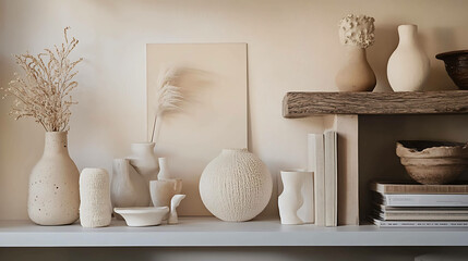 A clean and neutral-toned set of home decor items on a shelf.