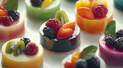 Wall Mural -   A close-up of a plate of mini desserts adorned with fresh fruit atop each slice