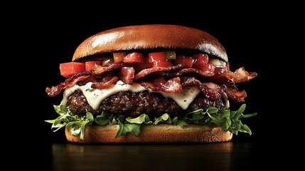 Wall Mural -   Bacon Cheeseburger on Black Background with Lettuce, Tomato, and Tomato Slices