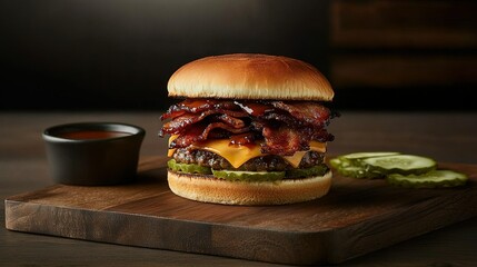 Wall Mural -   A bacon cheeseburger resting on a wooden platter with a ketchup cup nearby