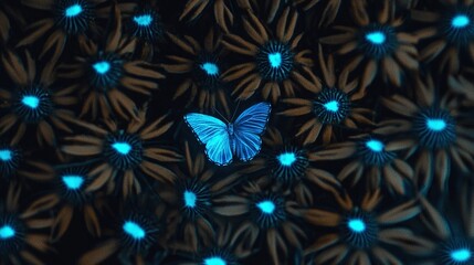 Wall Mural -   A blue butterfly rests atop a bouquet of green and white blossoms, its iridescent wings illuminated by blue lights