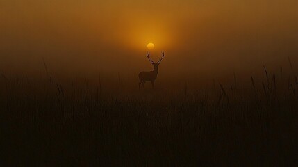 Wall Mural -   Deer in foggy field with sunlight in the background and tall grass in the foreground