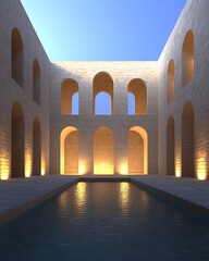 Canvas Print - Empty courtyard pool, arches, stone walls, tranquil evening