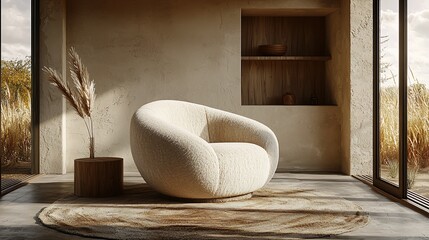 Sticker - Modern beige armchair in minimalist room, sunlit, desert view