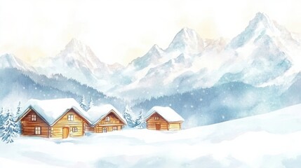 Leinwandbilder - Snowy winter landscape featuring wooden cabins amidst majestic mountains and falling snowflakes in a serene setting. Generative AI