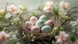 © demzp - Delicate pastel Easter eggs nestled in a bird's nest, surrounded by soft pink flowers and spring blossoms.