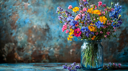 Wall Mural - vibrant wildflowers in glass jar, rustic background, summer bouquet, floral arrangement, design elem