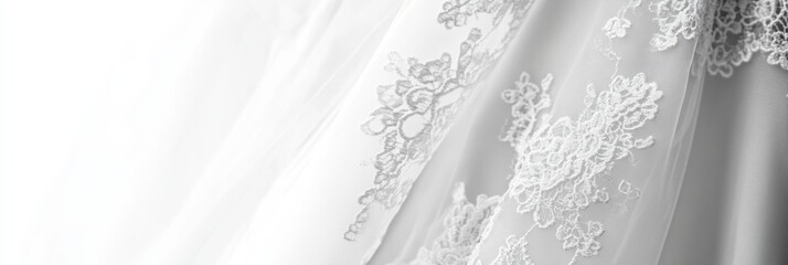 Poster - Close up view of intricate lace details on a white wedding dress with space for personalized text. Generative AI