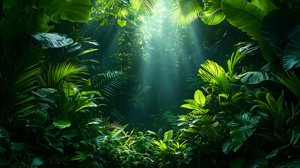 Wall Mural - sunbeams pierce lush tropical rainforest jungle foliage, creating mystical atmosphere; ideal for nat