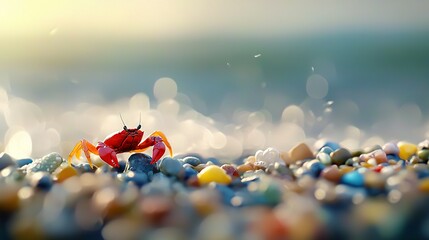 Wall Mural -   A red crab rests atop a heap of candies alongside piles of rocks and sweets