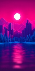 Poster - Neon Cityscape Lake Sunset