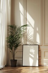 Wall Mural - Bright indoor corner with plant and empty frame casting shadows