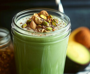 Canvas Print - A delicious looking green smoothie with banana, avocado pistachios and almond milk