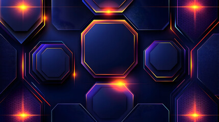 Abstract glowing octagons, dark blue background, technology texture, website design