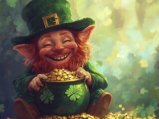 Wall Mural - Joyful Leprechaun with his pot of gold St.Patrick's Day