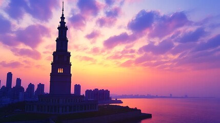 Wall Mural - Silhouetted tower at sunrise over city skyline