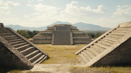 Wall Mural - Ancient pyramids in Mexico, two large pyramids, a clear sky, and a vast open field.  Possible use Travel, history, or education