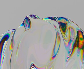 Poster - Abstract 3D render of a liquid form with iridescent, rainbow highlights. The glossy surface reflects light, creating a mesmerizing, fluid effect.