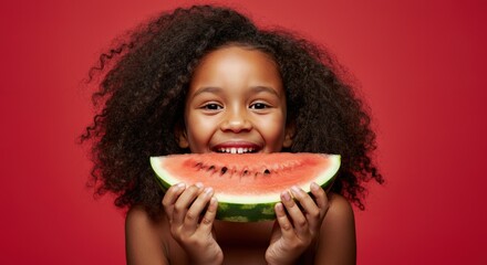 Wall Mural - Happy girl holding a slice of watermelon, showcasing joy and freshness