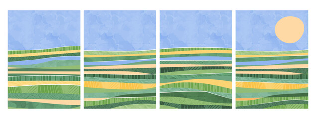 Wall Mural - Sustainable landscape of Korean farm abstract vector illustration. Green rice and wheat field, grassland, textured farmland. Nature’s beauty eco-friendly design. Organic collage pattern, spring agro