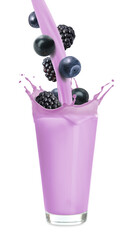 Wall Mural - Tasty milkshake and fresh berries on white background