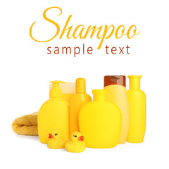 Canvas Print - Set of baby skincare cosmetic products, towel and and rubber ducks on white background. Design with sample text