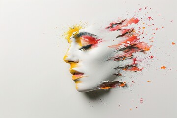 Wall Mural - A striking close-up of a female face with vibrant colors emerging, showcasing an artistic fusion of beauty and abstract art. Explosive Color Portrait, Vibrant Artistic Vision