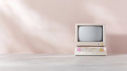 Retro computer on desk, sunlight, pink wall, nostalgic tech