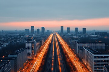 Wall Mural - Urban highway at dawn, city buildings, traffic lights, sunrise