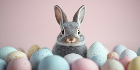 Cute gray rabbit surrounded by pastel Easter eggs on a soft pink background in a festive spring setting