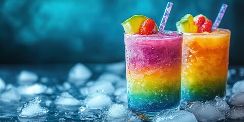 Refreshing colorful layered drinks decorated with fruits and ice on a vibrant background