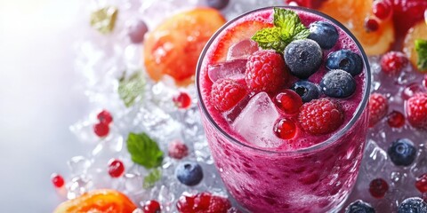 Wall Mural - Refreshing berry smoothie served over ice with colorful fruit garnishes in a vibrant setting